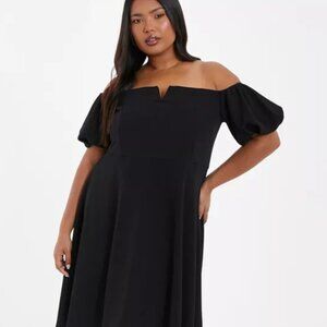 QUIZ Plus Size Puff Sleeve Bardot Dress (Black, 18)